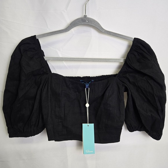 Shore Tops - Shore Puff Sleeve Linen Blend Crop Top, Black, Women's‎ Size Small, NWT $110